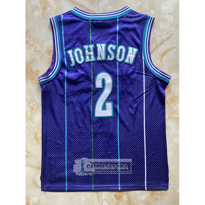Camiseta Nino Charlotte Hornets Larry Johnson NO 2 Mitchell & Ness 1992-93 Violeta